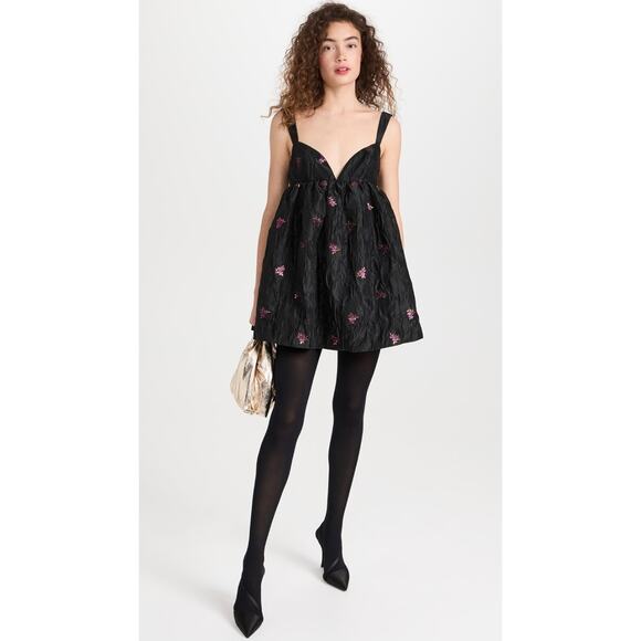 For Love & Lemons Sachi Mini Dress Black Floral Size Large NWT Romantic Taffeta - Picture 1 of 14